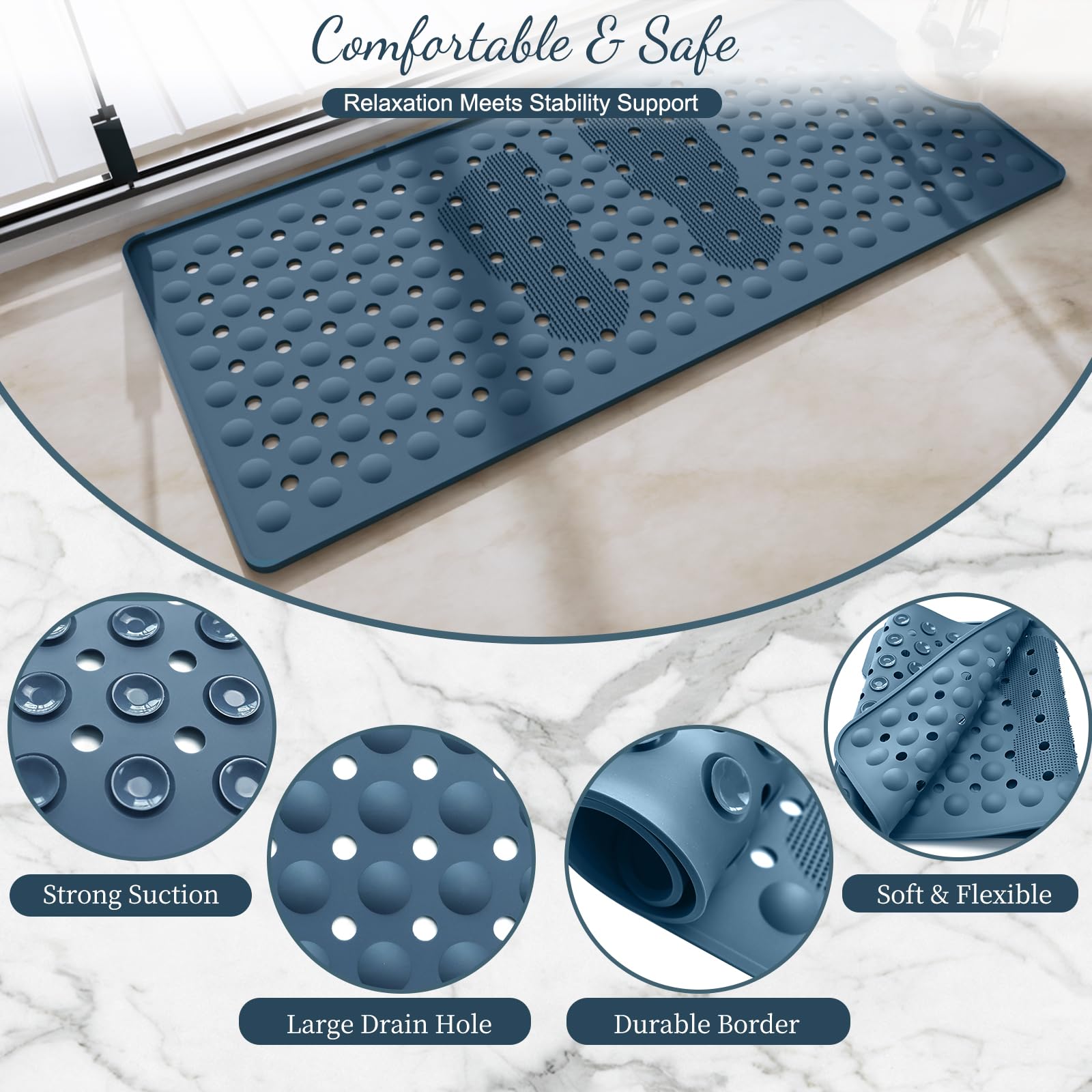 Tapis Baignoire Antidérapant, 90 x 40 cm Tapis Baignoire pour Sol de Cabine de Douche, Lavable en Machine, Trous de Drainage pour Gardez Vos Baignoires Propres, Bleu Profond