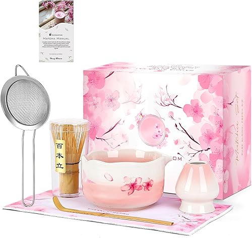 Juego de 7 piezas de batidor matcha, kit de matcha con flores de cerezo sakura, regalos de Navidad para mujeres, cumpleaños, mamás, niñas, niños y