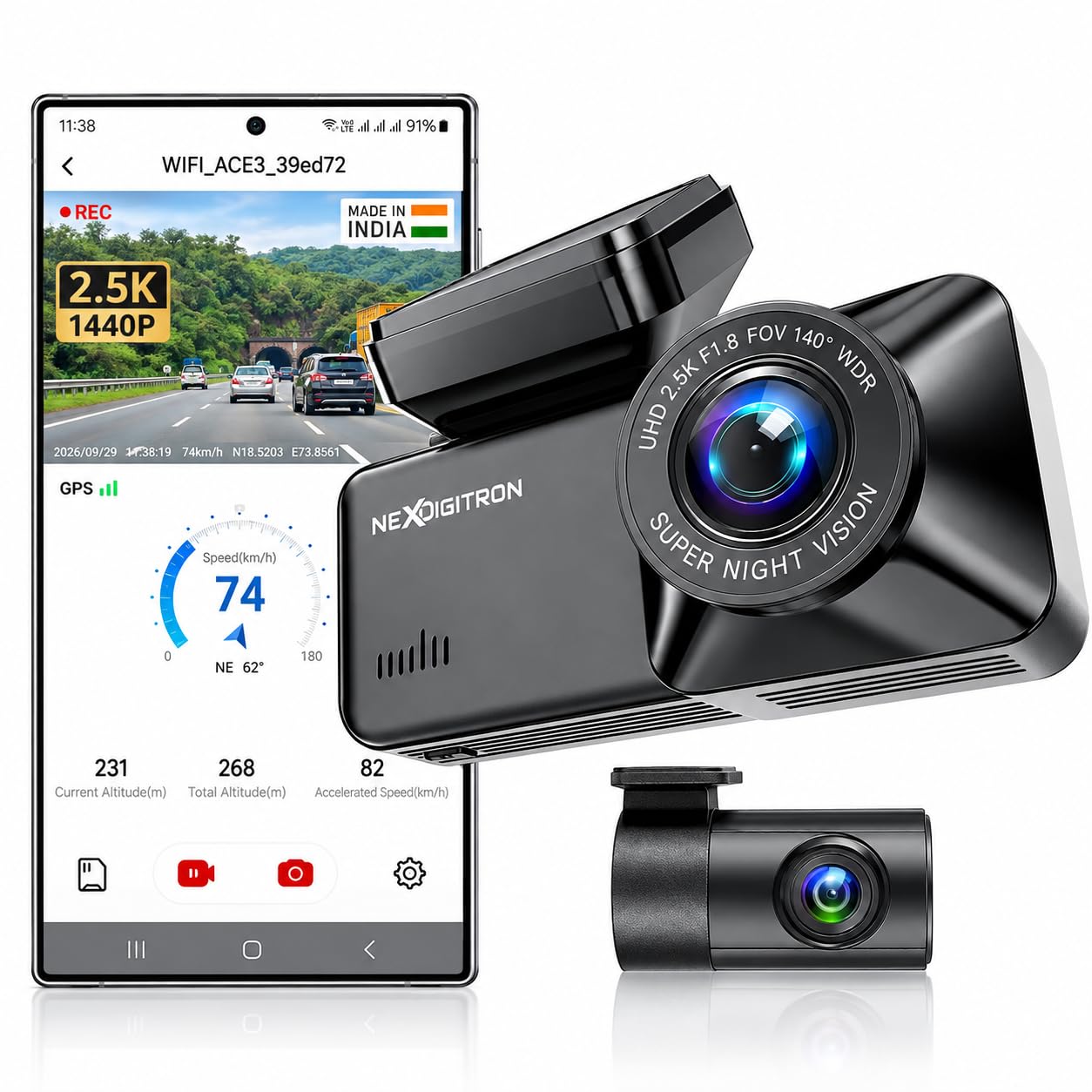 NEXDIGITRON ACE 3 Dual Dash Cam, Native 2.5K & Upscaled 4K Front, Full HD Rear, Built-in GPS Logger, Made in India, Super Capacitor, Wide Angle Lens, Wi-Fi, Parking Mode, Supports up to 256GB