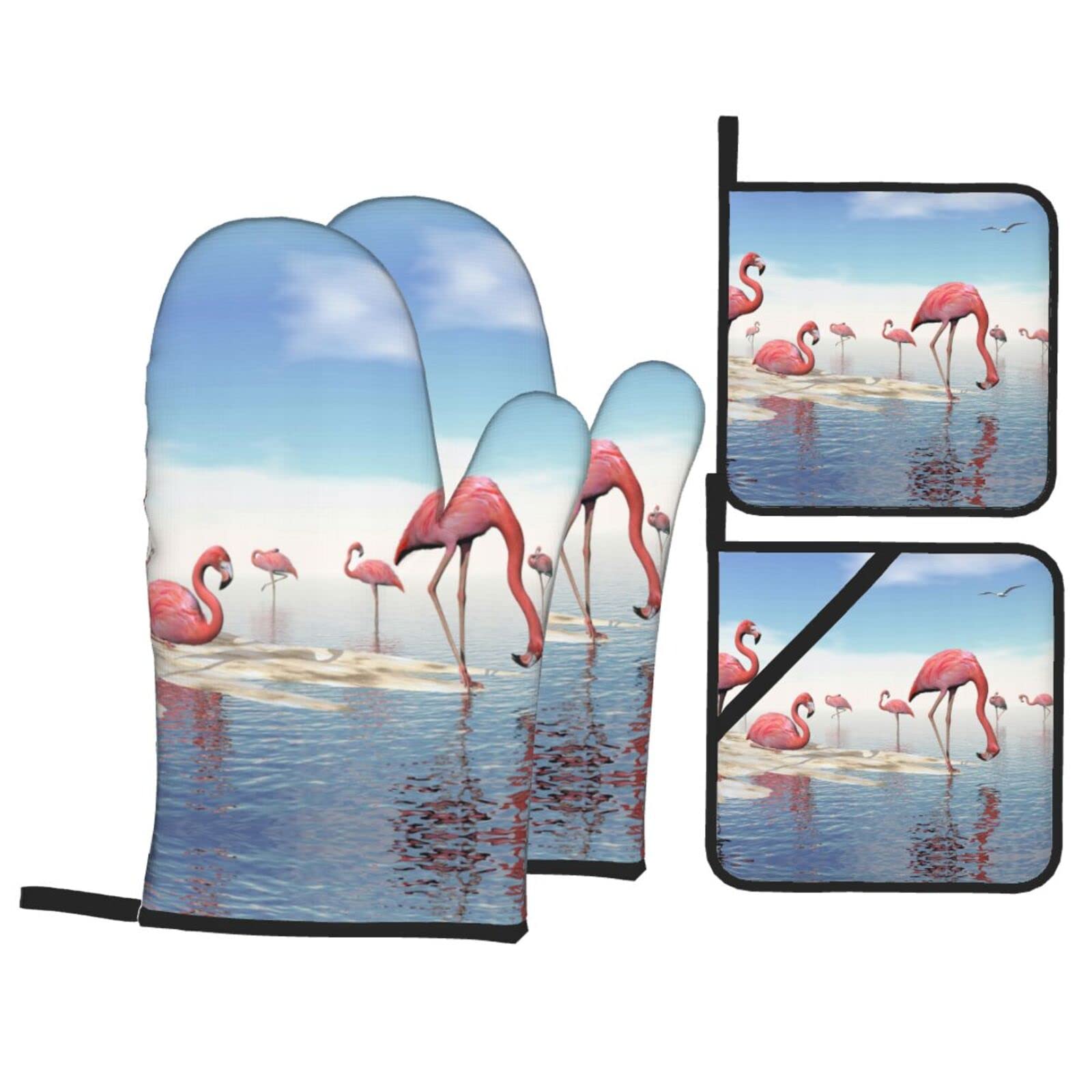 Flock of Pink Flamingos On The Beach Oven Mitt and Pot Holder 4-Piece Set for Kitchen, Outdoor Grill, Baking