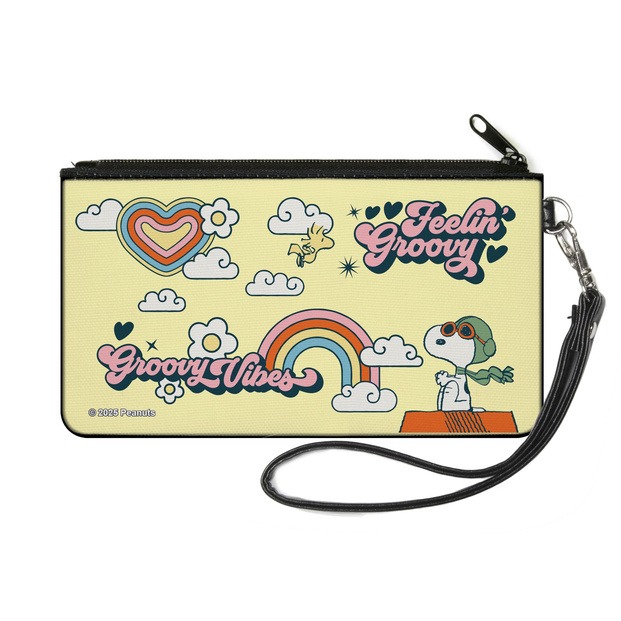 Peanuts Wallet, Zip Clutch, Peanuts Snoopy Flying Ace and Woodstock Groovy Quotes Collage, Canvas, Yellow, SMALL, Casual-image-45