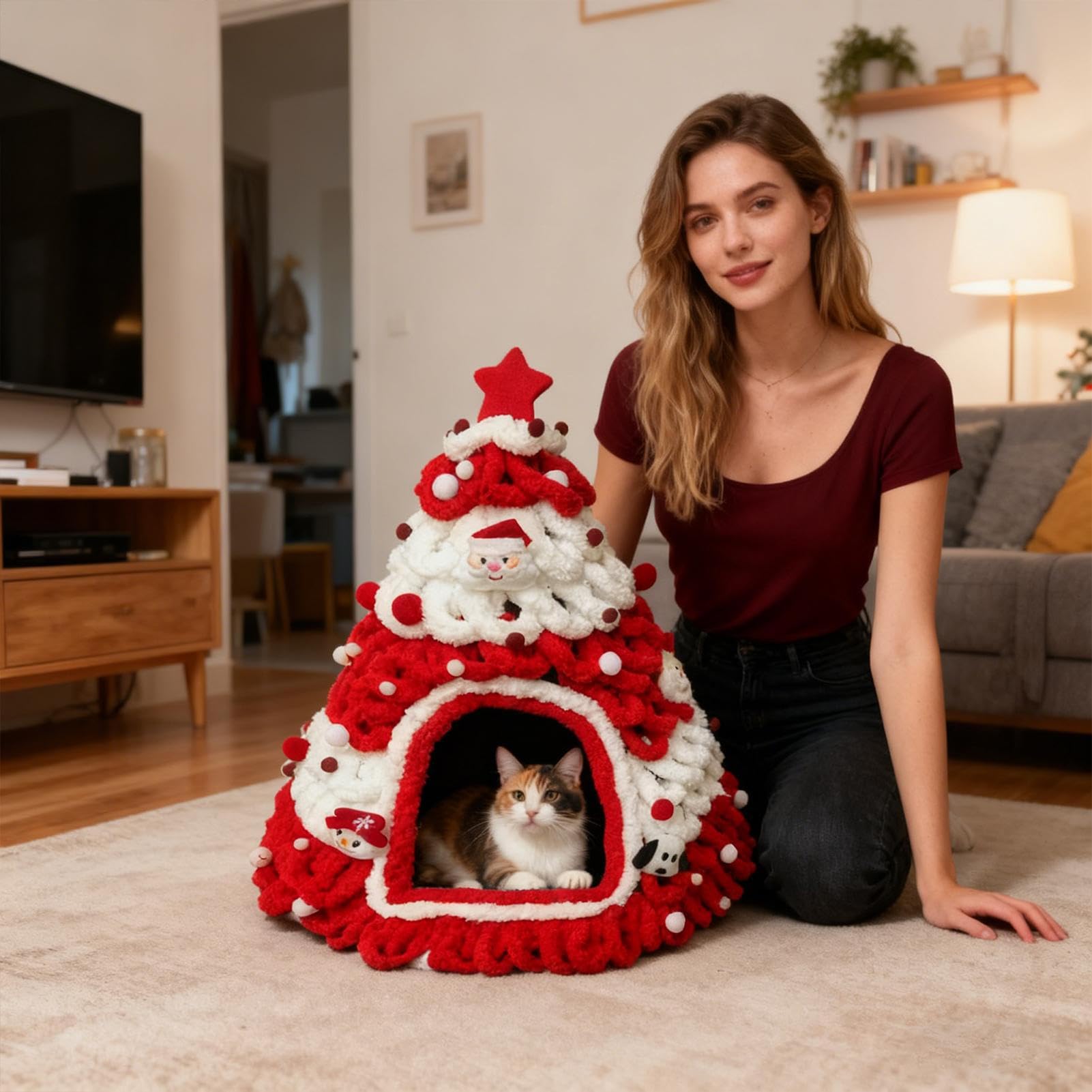Cuccia Per Gatti Natalizia Design Albero Lavorato A Maglia Morbido | Letti per Gatti con Copertura a Tema Natalizio per e Piccoli Animali Domestici da Interno ed Esterno Casa Invernale per