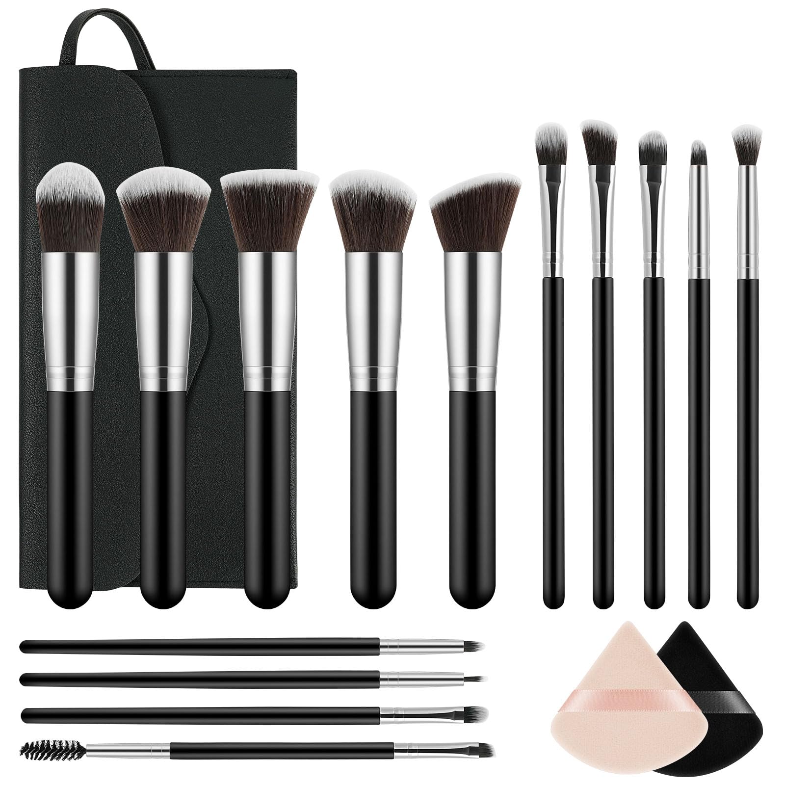 LOPHE Brochas de Maquillaje Profesional, Set 14+3 Piezas Brocha Maquillaje, Pinceles Sintéticos para Cara y Ojos, Cerdas Suaves, Kit Brochas con 2 Soplos de Polvo y Bolsa de Viaje (Negro Plata)