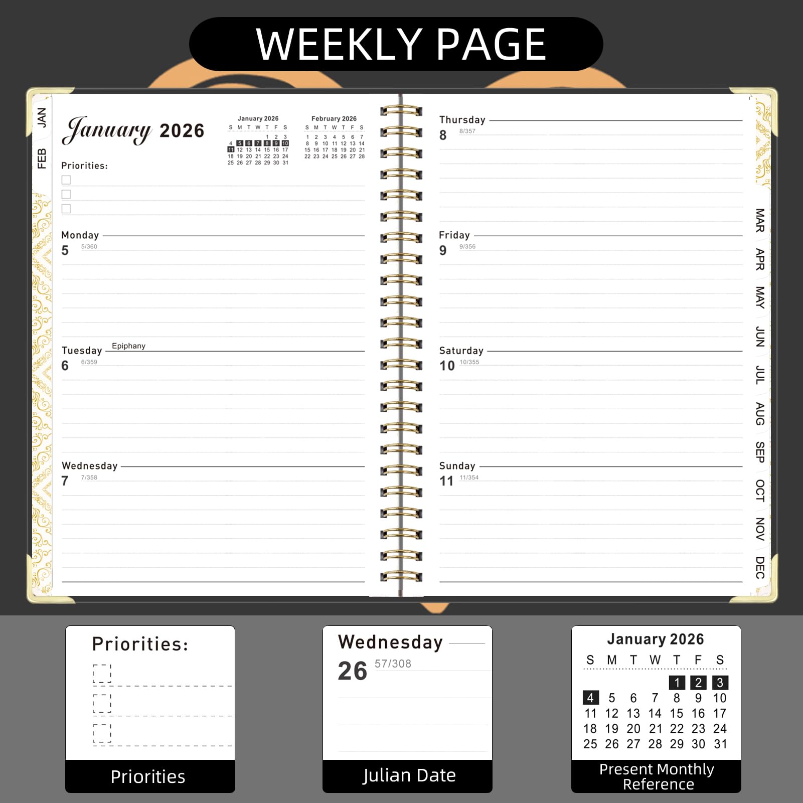 Knagsfa 2026 Planner, Jan.2026 - Dec.2026 Weekly Monthly Planner 6.25"x8.5" with Page Tabs, Calendar Hardcover with Inner Pocket, Elastic Band, Twin-Wire Binding, Bookmark, Black Love Heart - Image 4