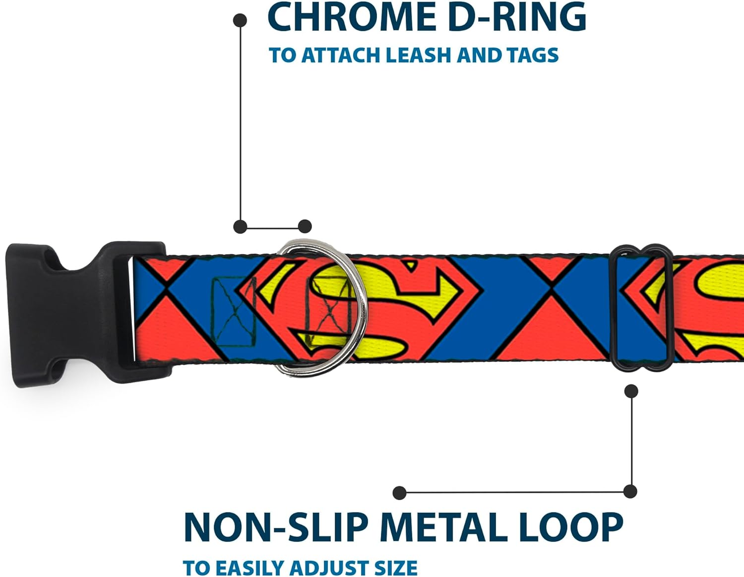 Buckle-Down Plastic Clip Collar - Superman Shield CLOSE-UP Blue/Red/Yellow - 1.5" Wide - Fits 18-32" Neck - Large