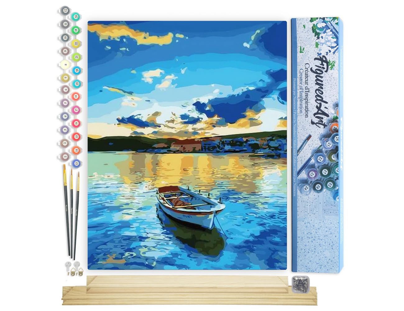 Figured'Art Paint by Numbers for Adults Small Boat at Sunrise 40x50cm - Craft Art Painting Rolled Canvas with DIY Wooden Frame