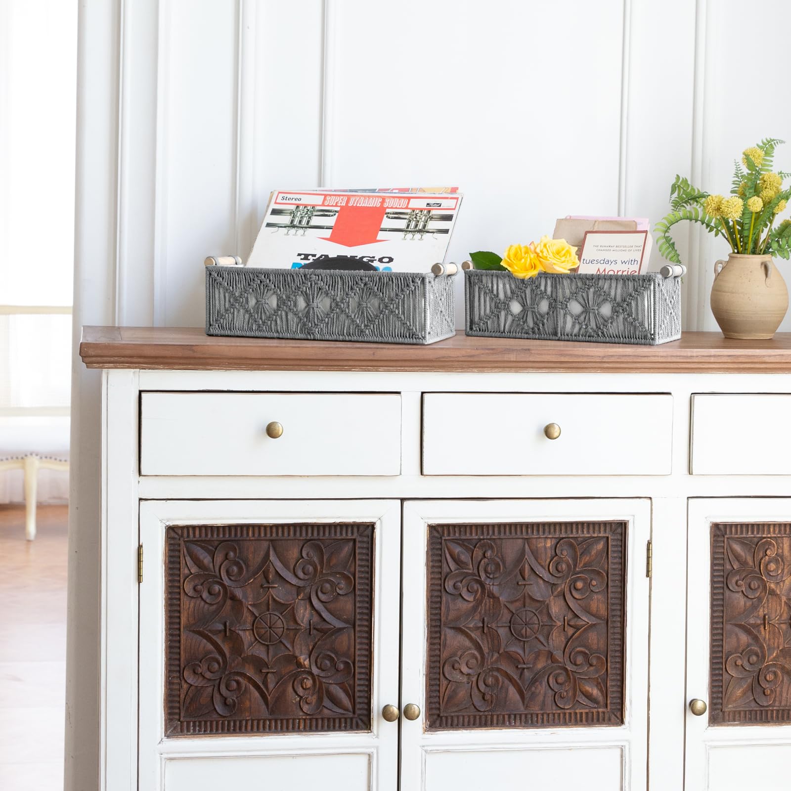 Mkono 2er Set Makramee-Aufbewahrungskörbe, Boho-Dekor für Badezimmer | kleine Organisationskörbe, Toilettenpapierhalter, handgeflochten, Regal, Schlafzimmer, Wohnzimmer, Büro, Wohnheim
