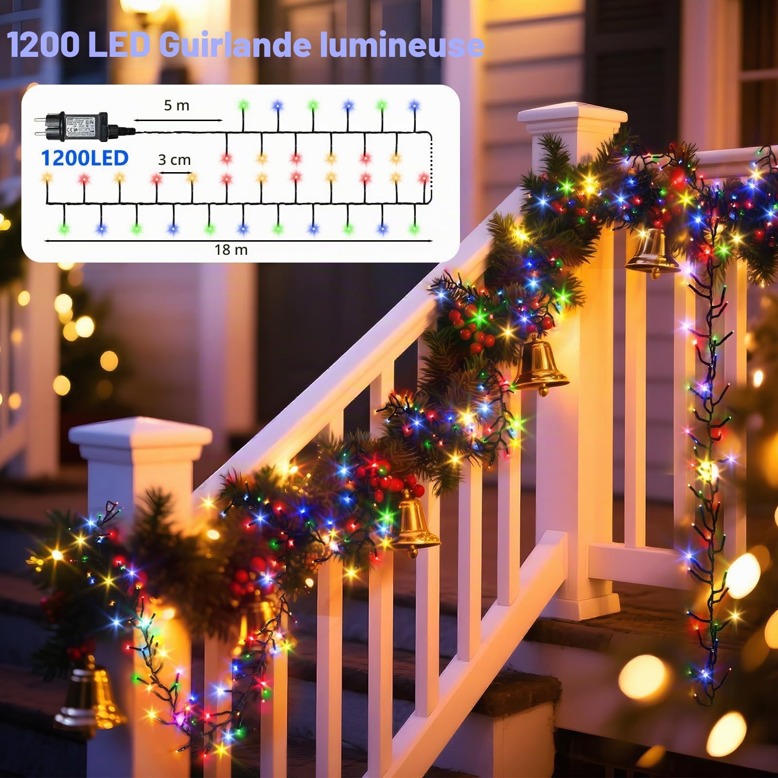 HELESIN Guirlande Lumineuse LED, 1200 LED 18M Multicolore Noël Guirlande Lumineuse D'extérieur avec 12 Modes et Minuterie pour Jardin, éclairage de Noel avec Télécommande pour arbre de Noël