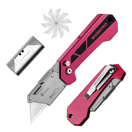 WORKPRO Folding Utility Knife, Mini Box Cutter with Quick Open Axis Lock, Quick Change Blade Razor Knife, Foldable Small Pocket Knife with Belt Clip, 10 Extra Blades Included, Pink - Pink