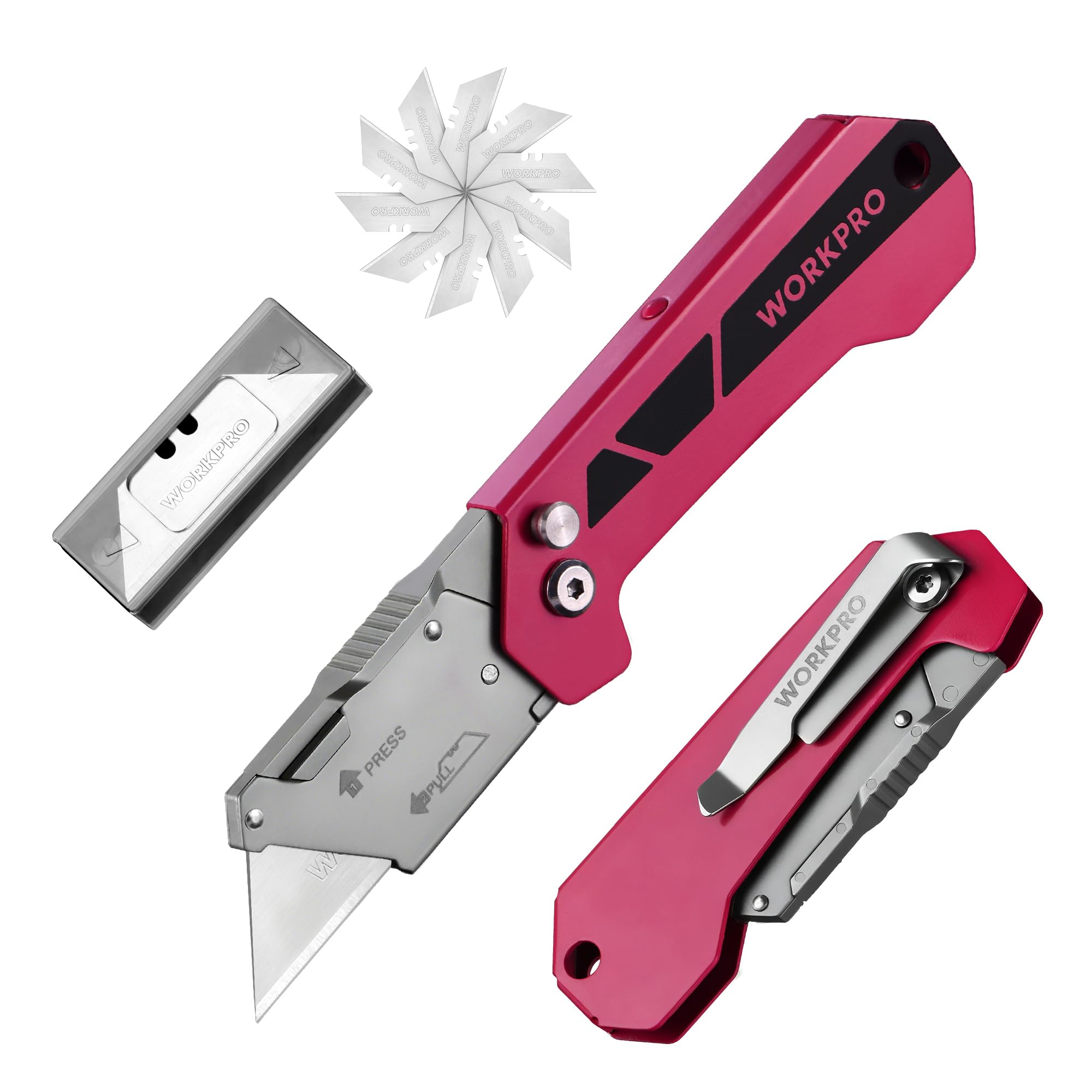 WORKPRO Box Cutter, Utility Knife Quick Change Blade Razor Knife, Folding Pocket Knife with Belt Clip and Axis Lock, 10 Extra Blades Included, Pink