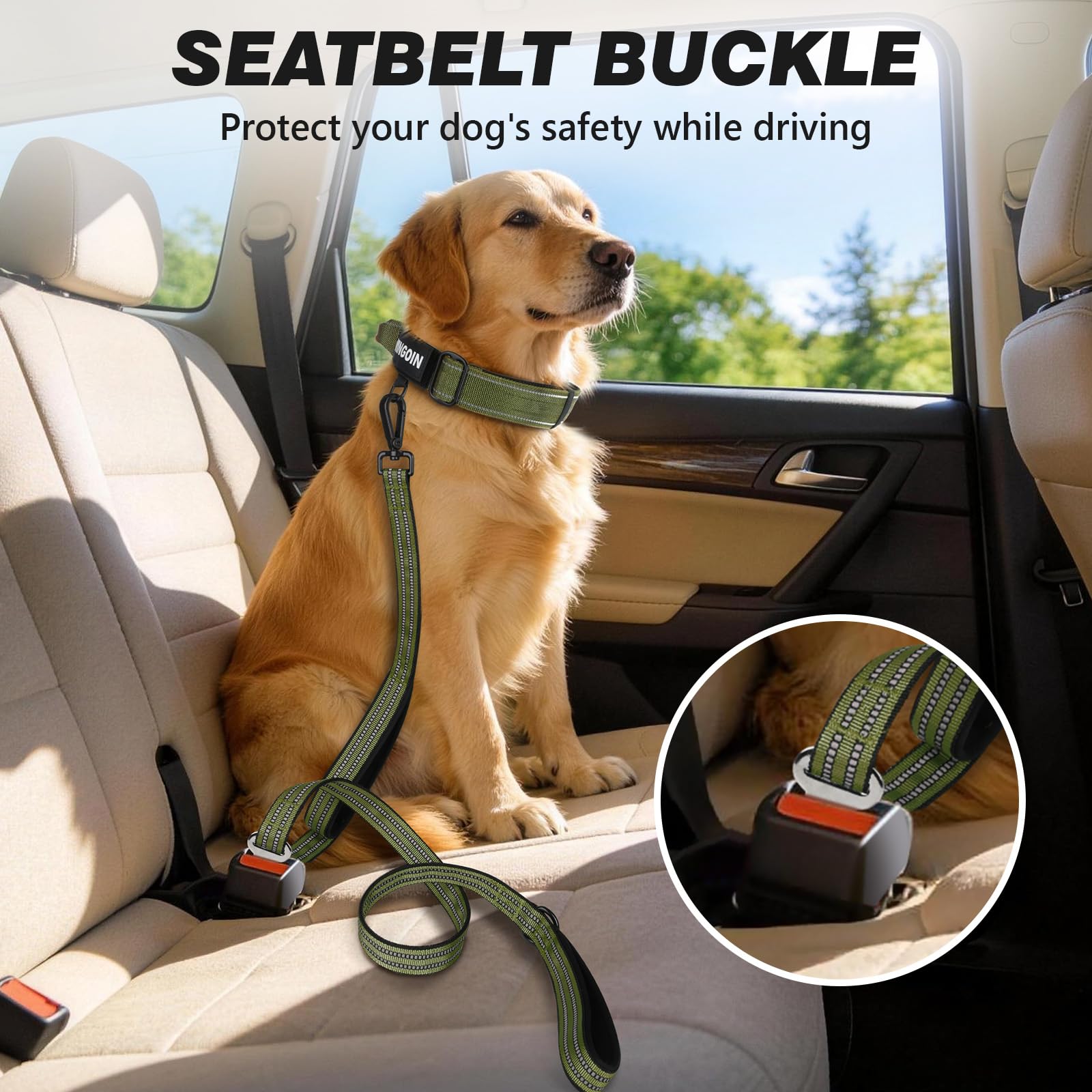 WINGOIN Dog Leash for Large Medium Dogs, Heavy Duty Dog Leashes with Double Handle, Poop Bag Holder, Metal Clip, Car Seat Belt Buckle, Reflective Tactical Pet Lead for Walking, Training (Green, 6FT) - 5