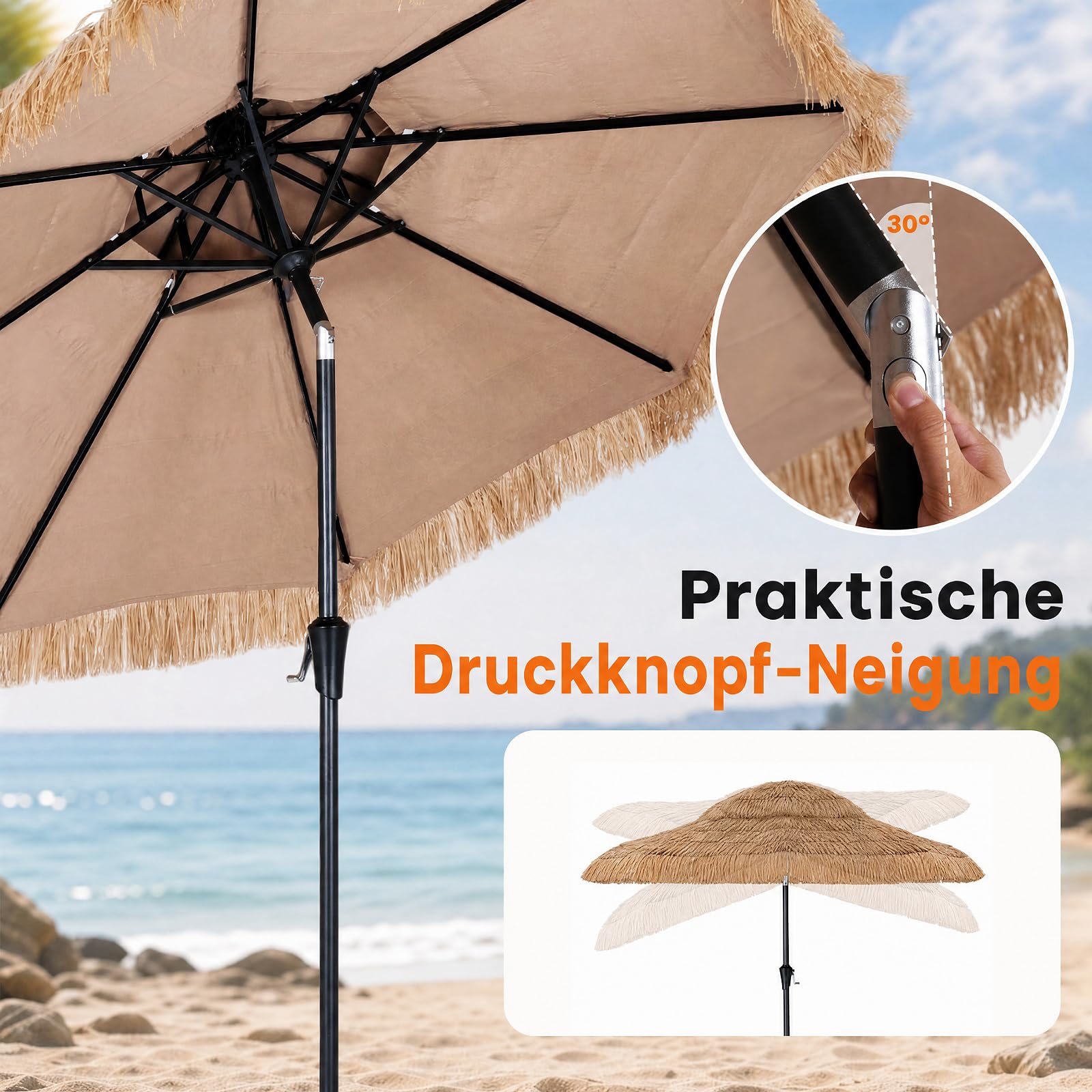 COSTWAY Sonnenschirm Hawaii 250 cm, Gartenschirm mit Kurbel, Strohschirm | Stroh Strandschirm, beidseitig um 30° knickbar, Marktschirm, Terrassenschirm für Garten, Balkon, Terrasse