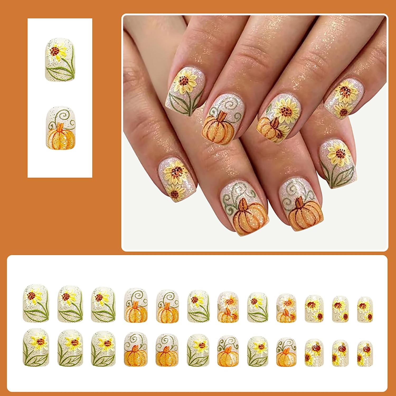 24Pcs Fall Press on Nails,Pumpkin Sunflower Glitter Short Square Fake Nails | Silver Acrylic Press Ons Full Cover Reusable Glossy Stick on Nails for Women Girls Autumn Manicure