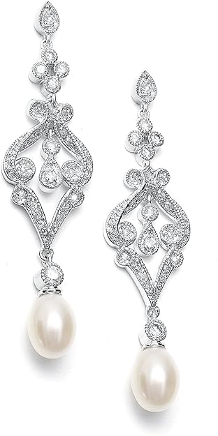 Long Silver/Rhinestone Pearl Drop Earring - Mariell main image 0