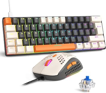 RK-T60 Wired Mechanical Gaming Keyboard and Mouse Combo Portable Rainbow Backlit 62 Keys NKRO 6400DPI RGB Honeycomb Mouse Coiled Aviator Cable for PS4/PC/WIN Gamers Dark Grey/Blue Switch