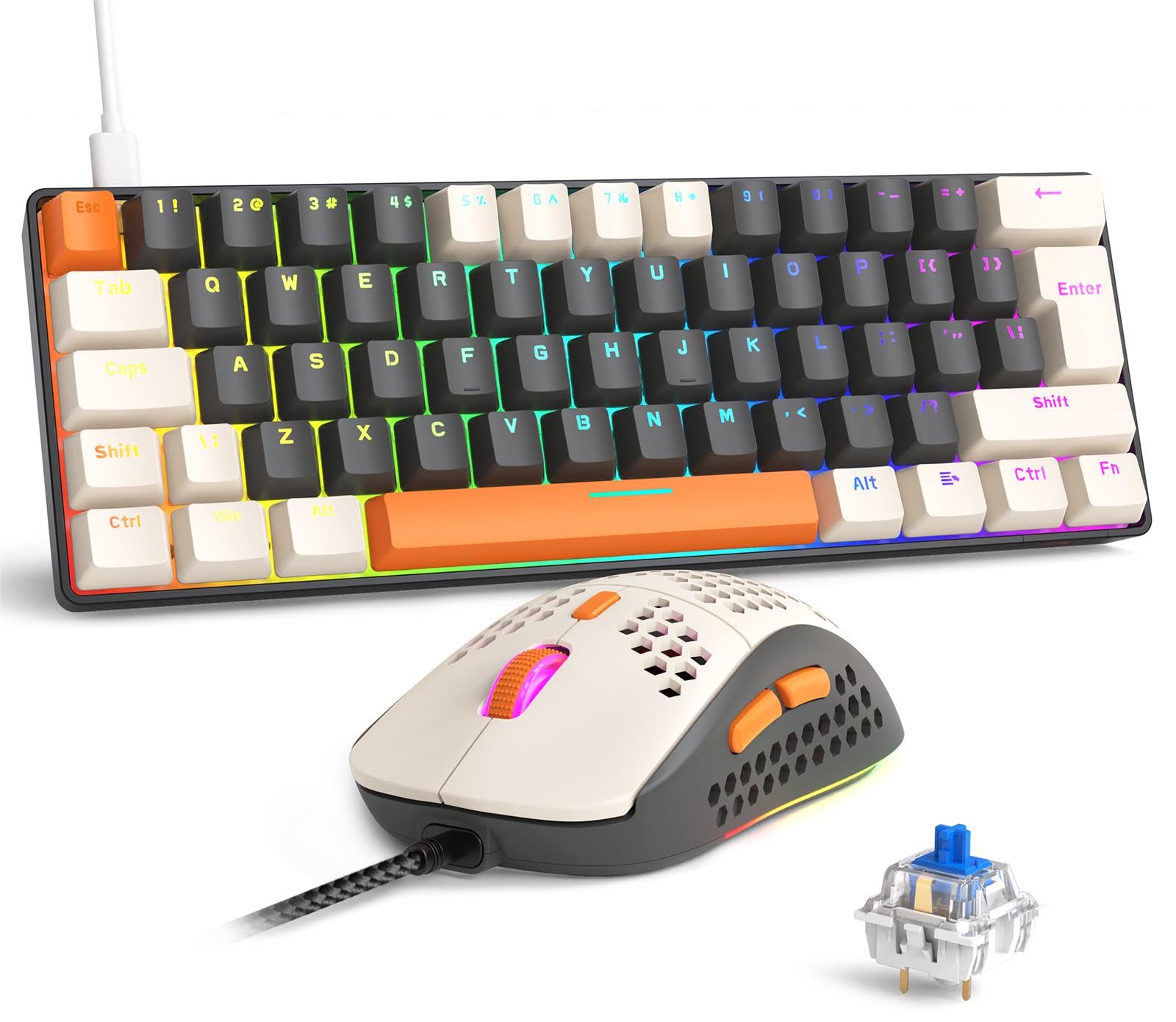 RK-T60 Tastiera e mouse da gioco meccanico cablato Combo portatile con retroilluminazione arcobaleno 62 tasti NKRO 6400DPI RGB a nido d'ape cavo aviatore a spirale per PS4/PC/WIN Gamer (grigio