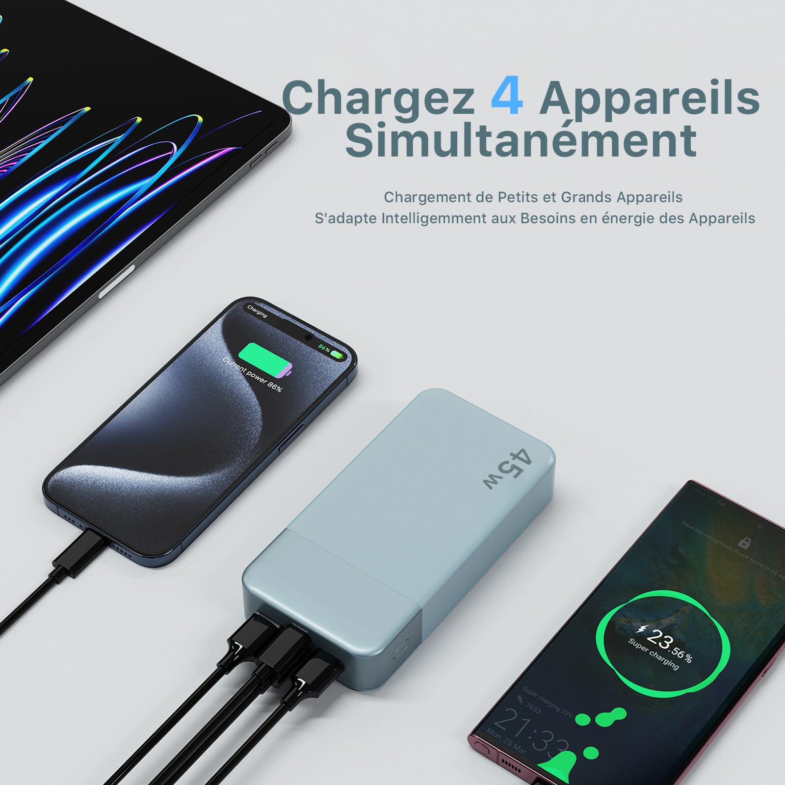 Nobis Batterie Externe 20000mAh Power Bank 45W Chargeur Externe Portable USB-C in & Out Charge