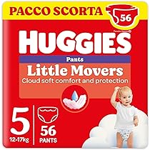 Pannolini Huggies Little Movers Mutandine Taglia 5 (12-17 Kg), Ultra assorbenti, Protezione completa, 56 pezzi