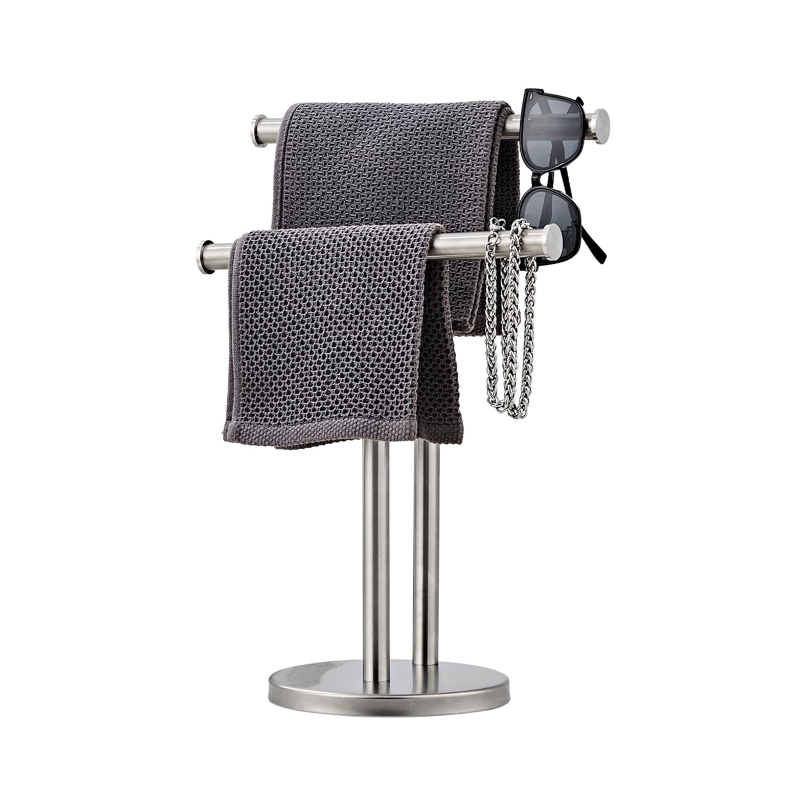 Porte-serviettes double en forme de T pour essuie-mains de salle de bain sur pied inox