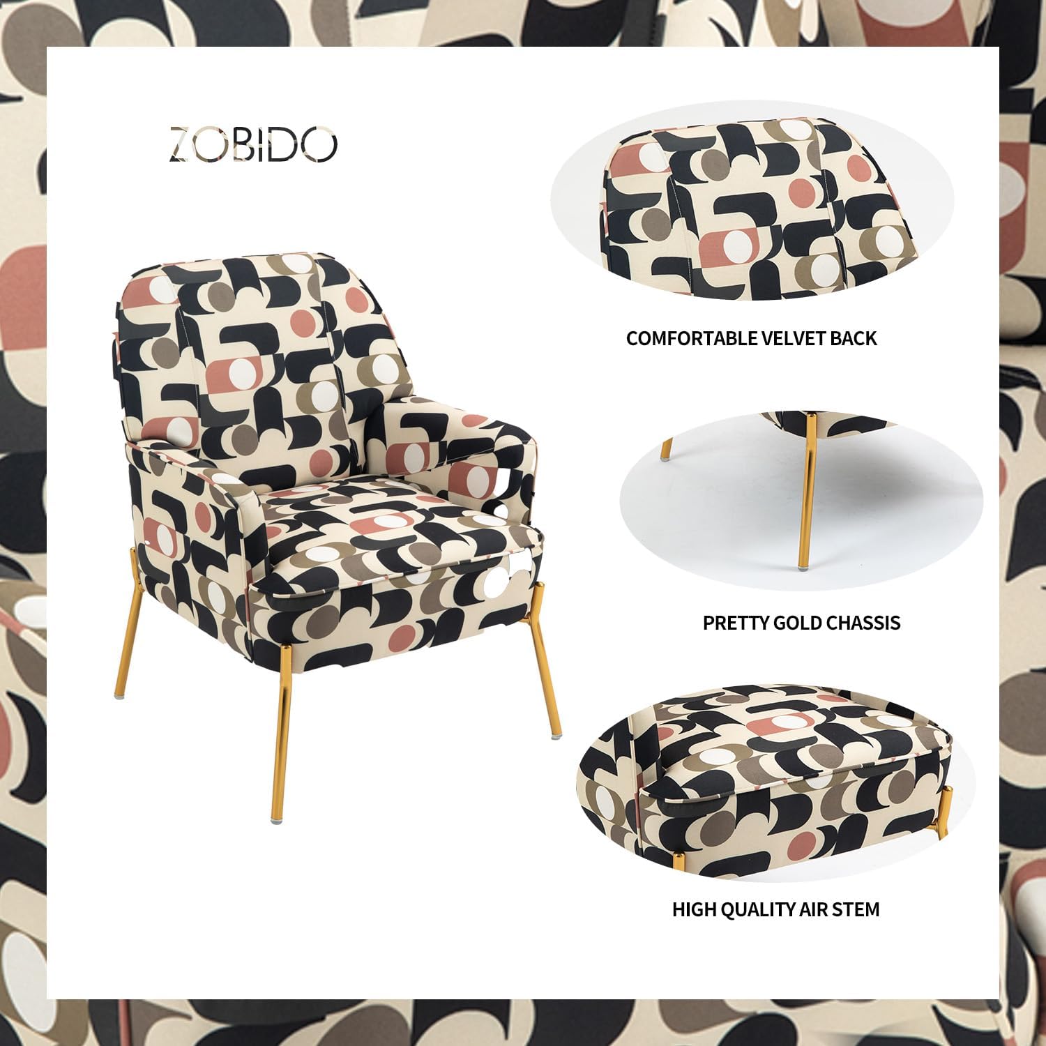 ZOBIDO Comfy Velvet Accent Chair with Glam Metal Legs for Dining Room Bedroom Living Room Beauty (Geometry)