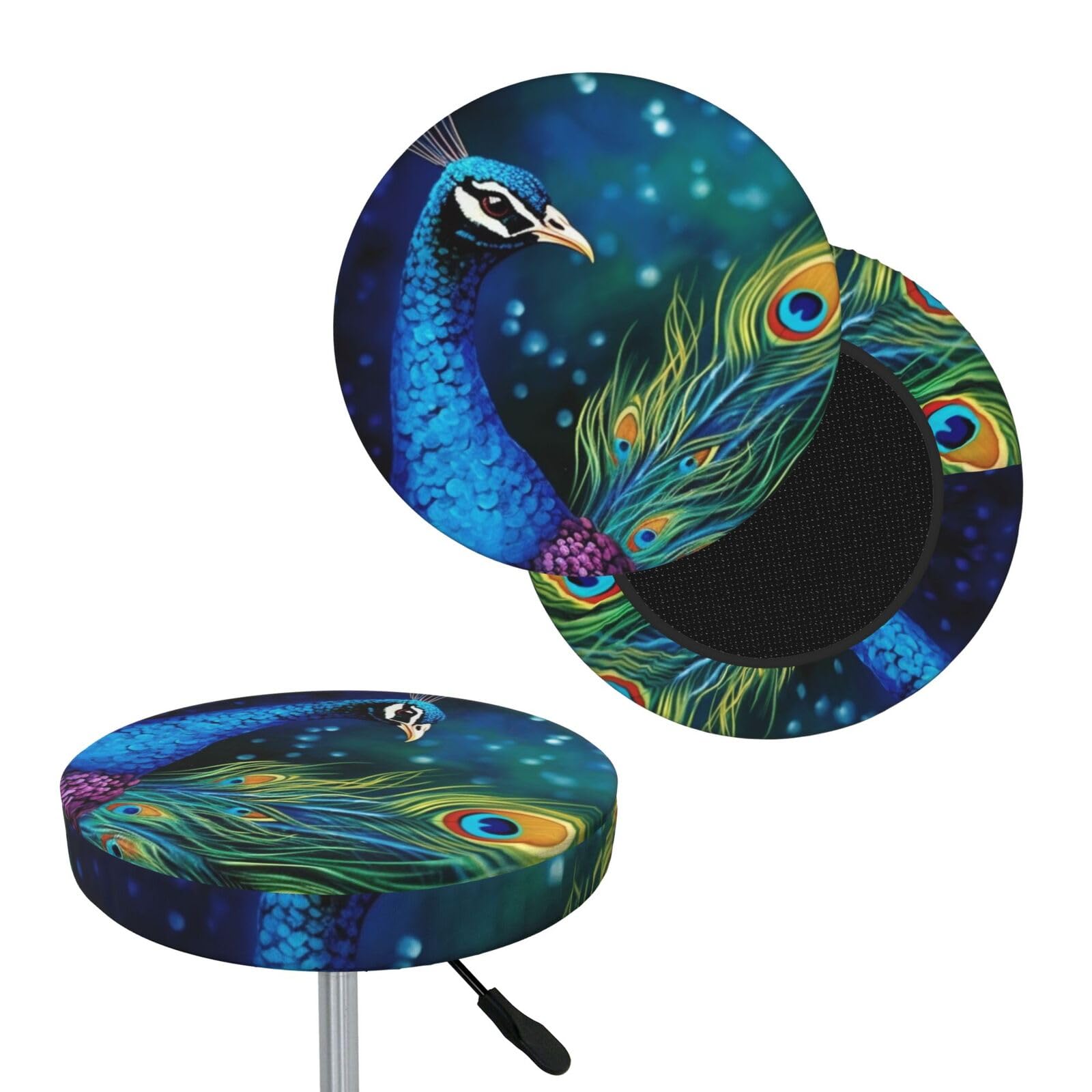 FekiLoot Colored Peacock Round Bar Stool Covers Stretch Washable Bar Stool Covers Dustproof Slipcover Bar Chair Covers with Elastic Band for Bar Kitchen Living Room Decor 13 Inch