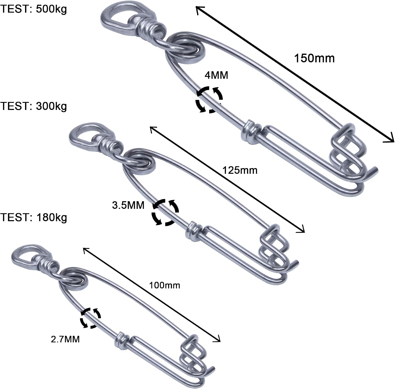 Longline Branch Hangers with Swivels 10pcs Stainless Steel Floatline Tuna Clip Snap Strong Fishing Connectors for Sea Fishing Test 400LB-1100LB