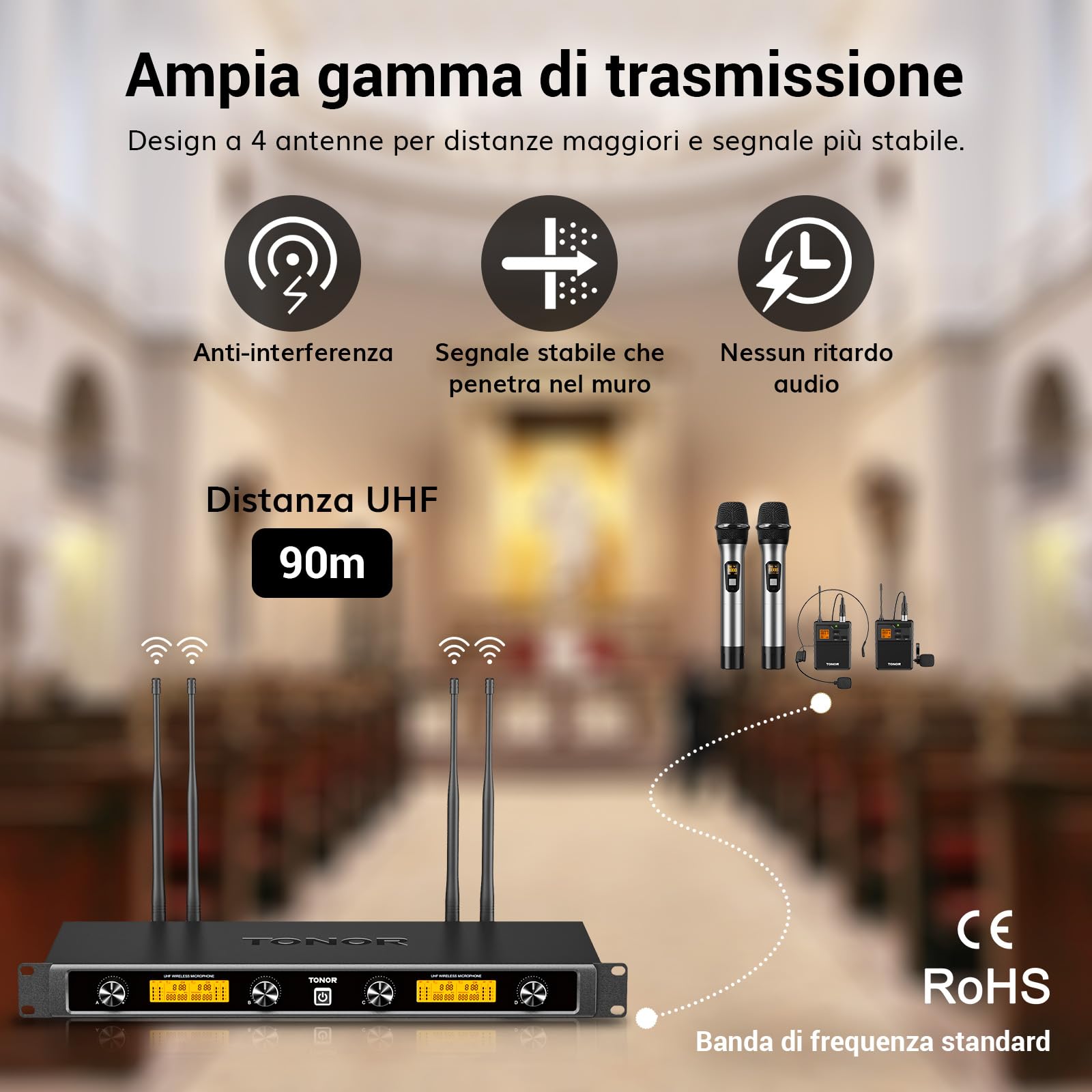 TONOR Sistema microfonico wireless UHF, Microfono palmare/Microfono archetto/Lavalier Microphone, Trasmettitore Bodypack, Ricevitore Metallo 4x5 frequenze, 90M per Chiesa Karaoke Canto, 4 canali