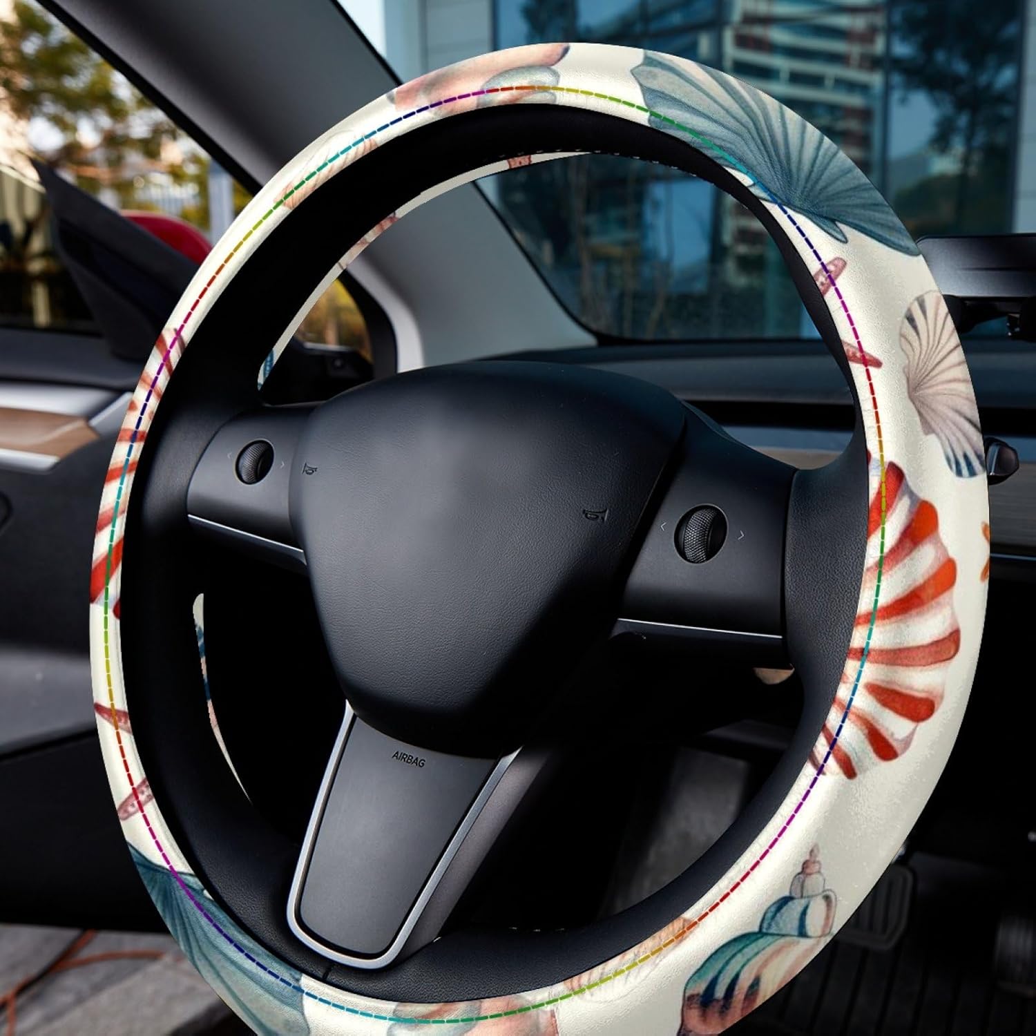 Leather Steering Wheel Cover for Women, with Seashell Printing Universal Fit 14.5-15 inch Anti-Slip Car Steering Wheel Protector Car Interior Accessories for Vehicle SUV Trucks