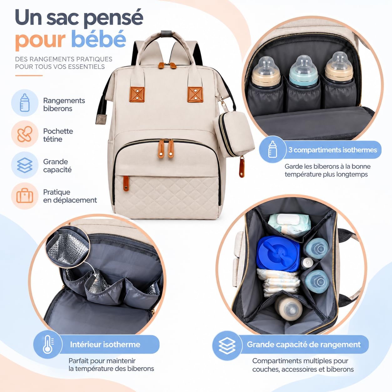 Sac à Dos à Langer pour Bébé,Sac de Voyage,Grande Capacité Sac à Couches Multifonction Imperméable,2 Sangles de Poussette,pour Biberon Poche Isotherme Beige