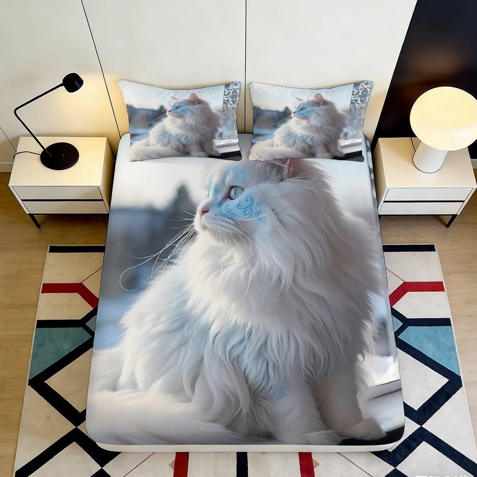 3D Printed White Fluffy Cat Fitted Sheet Microfiber Soft Durable 3D Printed Cat Portrait Bed Cover for Bedroom Dormitory Guest Room Mattress Protection 120x200x25cm