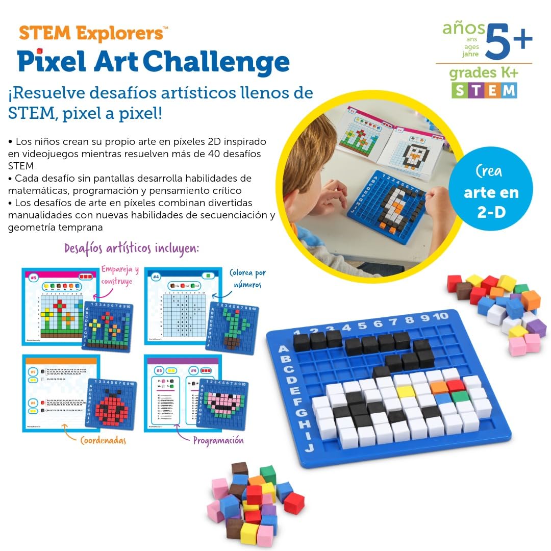 Learning Resources Pixel Art Challenge – Juego Stem para Niños 5+ – 402 Piezas con Cubos Píxel – Manualidades Educativas sin Pantalla