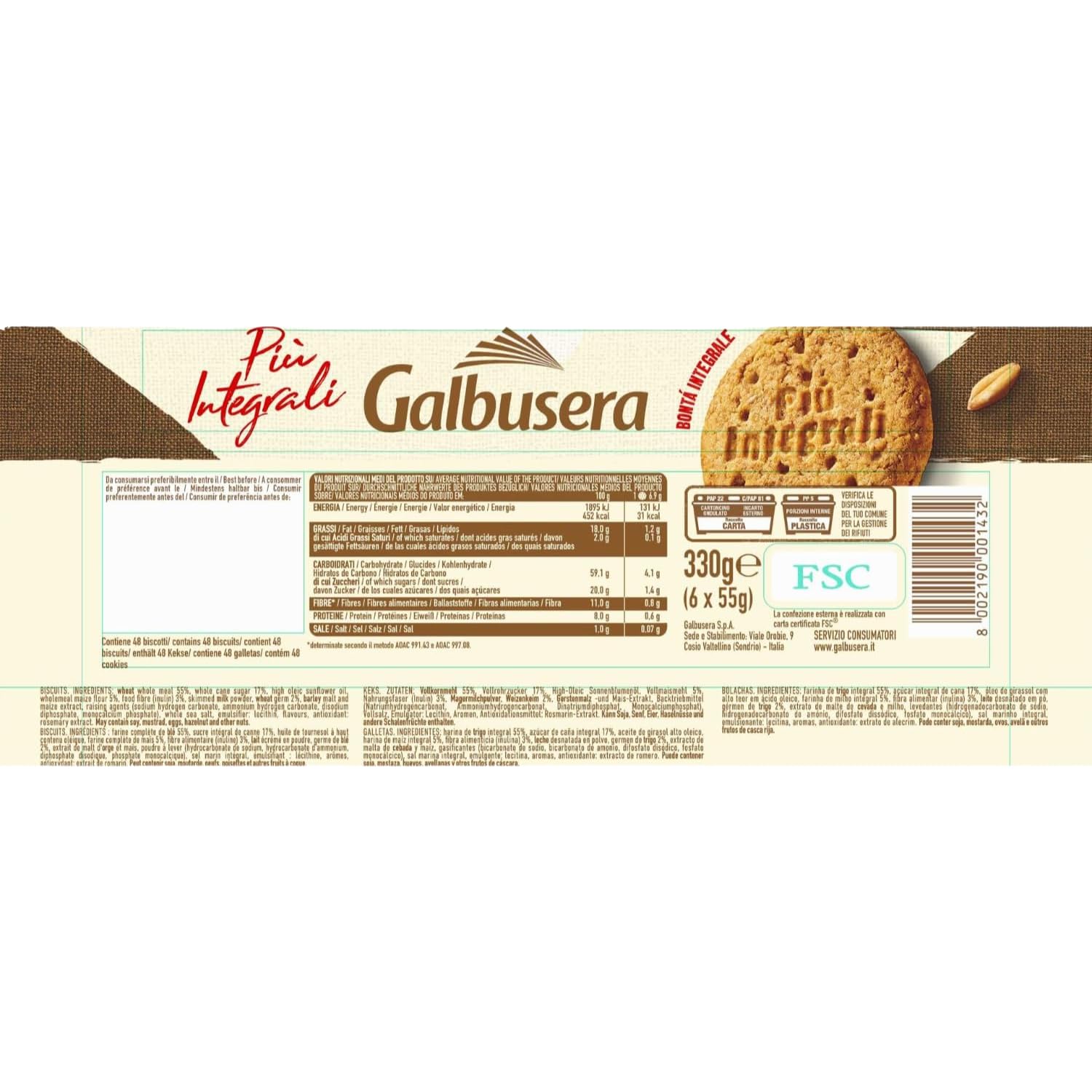 Biscotti Integrali 330g Più Integrali con Zucchero di Canna Ricchi di Fibre Colazione Sana Variazioni 4/8/12 Confezioni (12 PEZZI)