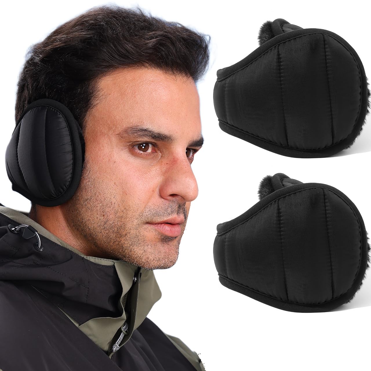Dwenarry Unisex Black Earmuffs + Black Ear Muffs -C Winter Ear Muffs For Men Women Adjustable Earmuffs Black Behind Head Foldable Ear Warmers For Cold Weather 2 Pack