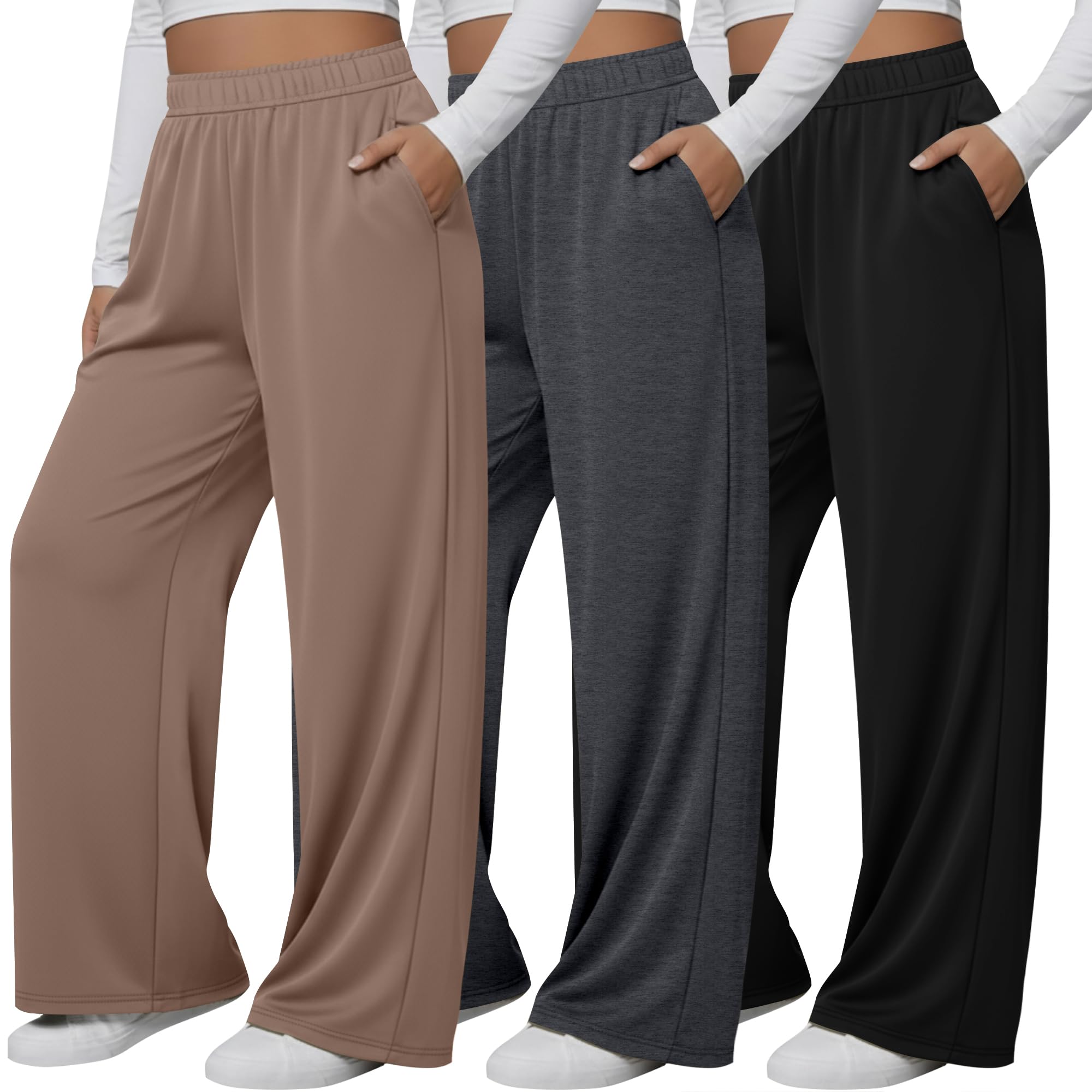Photo 1 of Neer 3 Pack Women's Plus Size Pants Wide Leg Yoga Pants Casual Baggy Sweatpants Drawstring Loose Workout Joggers(Black, Dark Gray, Khaki,X-Large)
