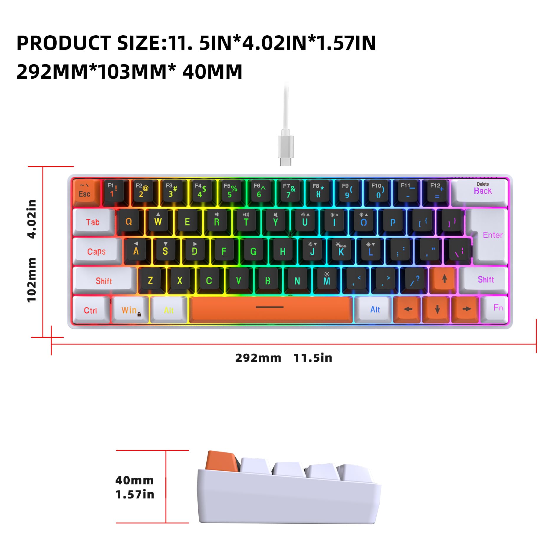 K61 60% Compact UK Layout USB Bedraad Gaming Toetsenbord, 62 Toetsen RGB Mechanisch Gevoel Mini Anti-ghosting Toetsen Ergonomisch Voor PC Laptop Windows ​Computer Gamer Office, Blauw En Wit
