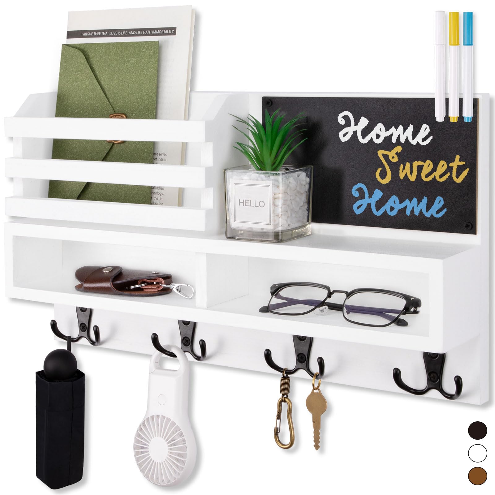 FIPUTE Key Holder for Wall, Wall Mounted Mail Holder Wooden with Shelf & 3 Liquid Chalks & Chalkboard, Mail Sorter Organizer, Rustic Home Decor -