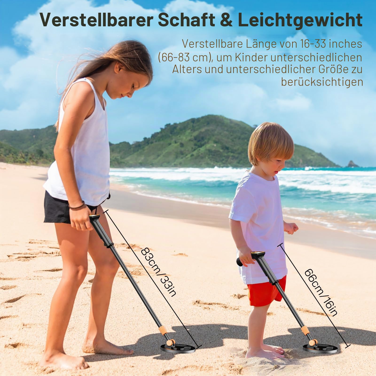 Metalldetektor für Kinder, Verstellbare Länge (16"-35") Metalldetektor, LCD-Display & Leichter Metalldetektor Kinder mit 6.5" Wasserdichter Spule, Schaufel, Rechen zum Erkennen von Münzen(Orange)