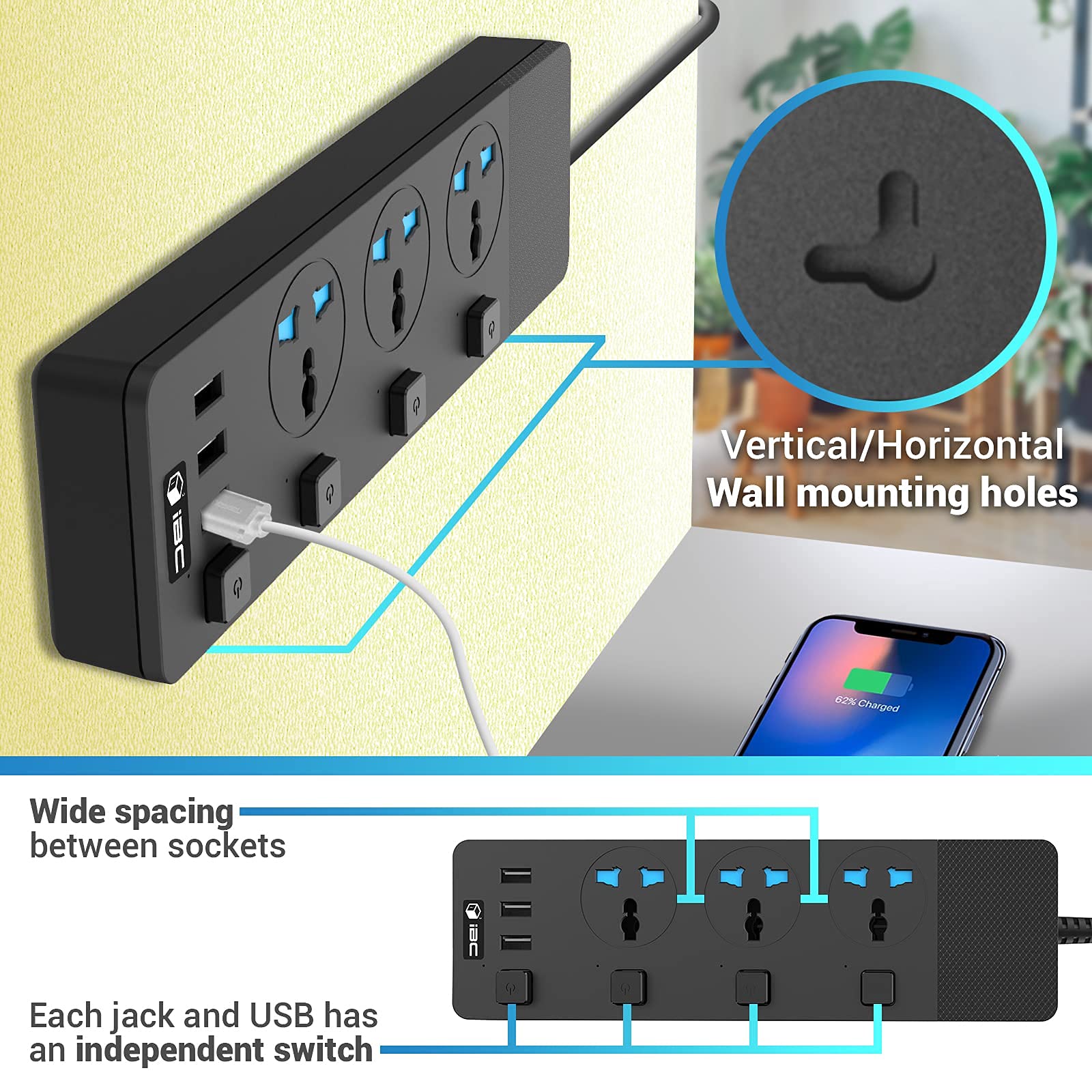 iBlockCube Extension Lead 2M with 3 Way UK Outlets 3 USB Slots Surge