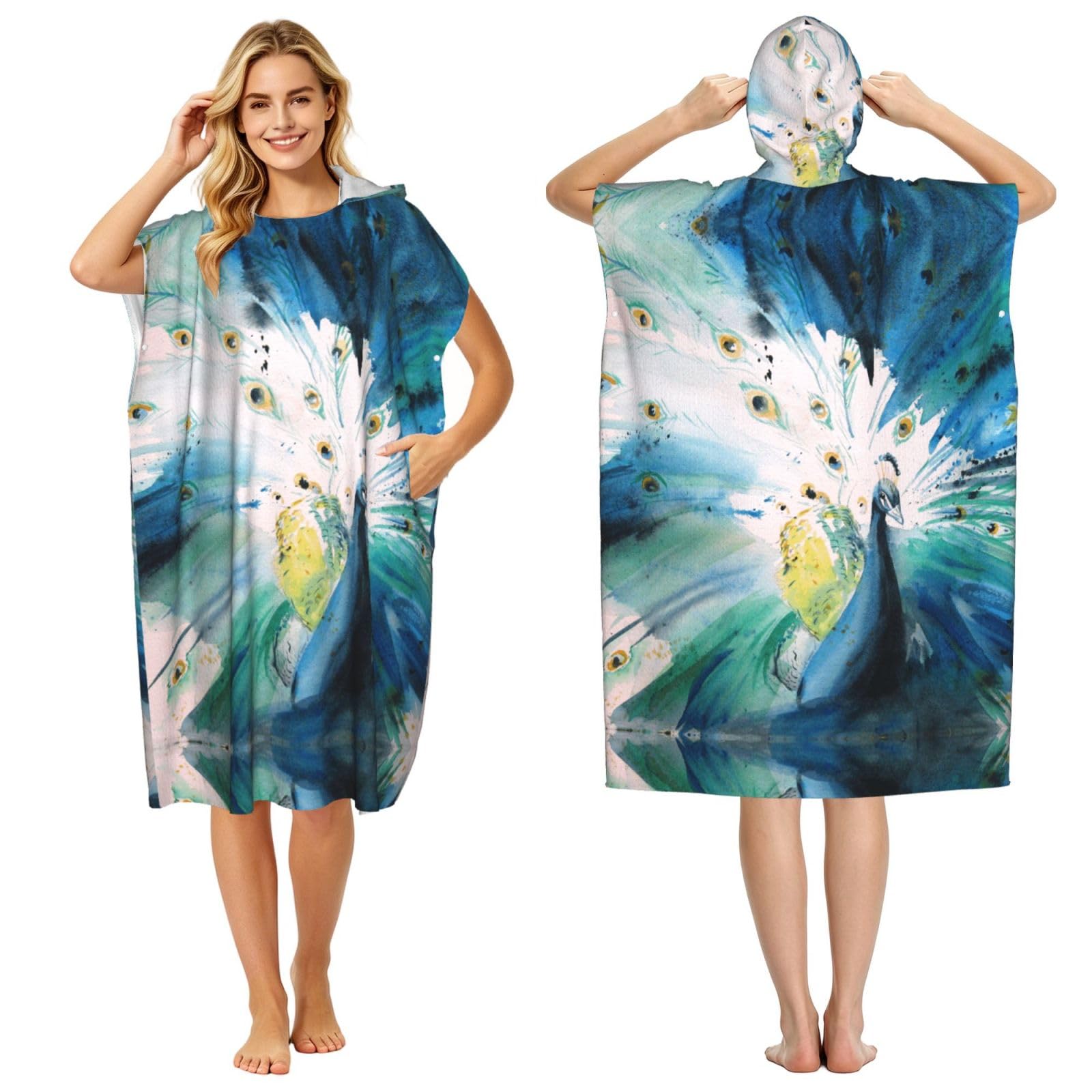 ESNAIUVCD Cute Peacock Print Changing Robe, Hooded Towel Poncho For Swimming Pool, Beach,Quick Dry & Light Weight Towelling Poncho For Adults Women Men