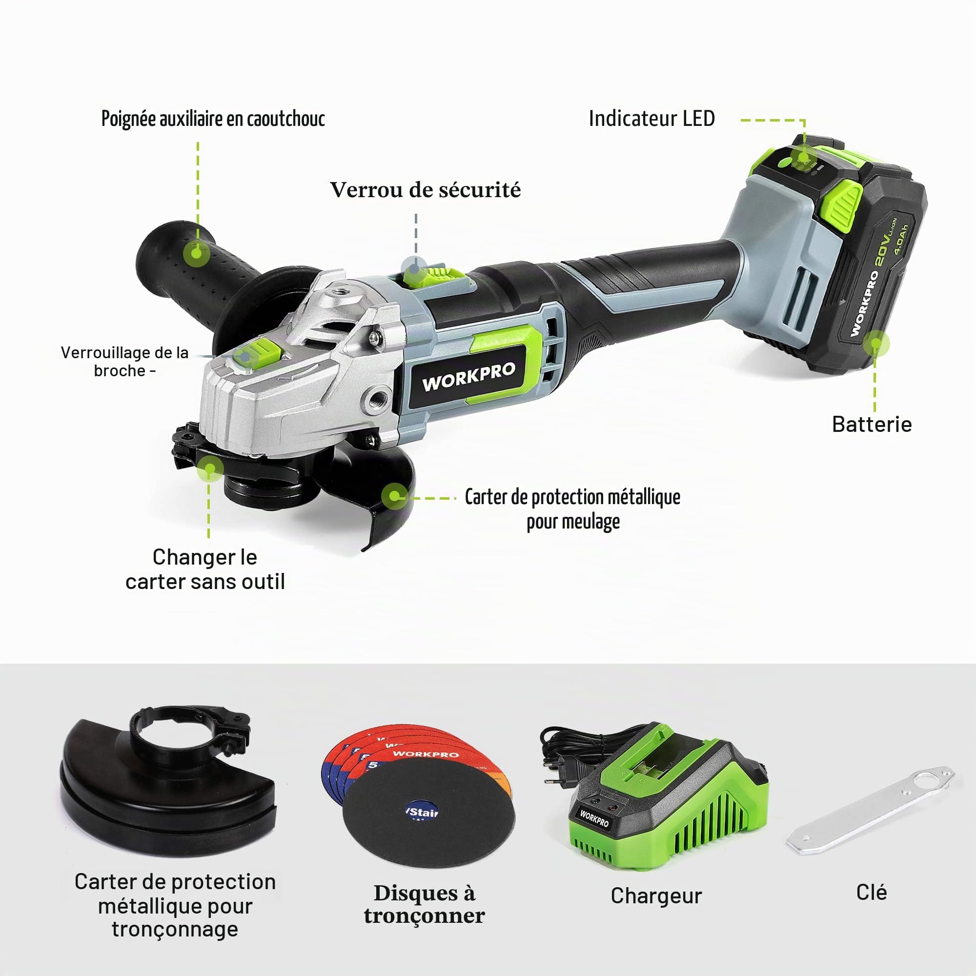 WORKPRO Meuleuse d'Angle Sans Fil 20 V Ø125 mm avec Batterie 4,0 Ah | avec 5 Disques à Tronçonner, 2 Capots de Protection et Poignée Auxiliaire, pour Coupe et Meulage
