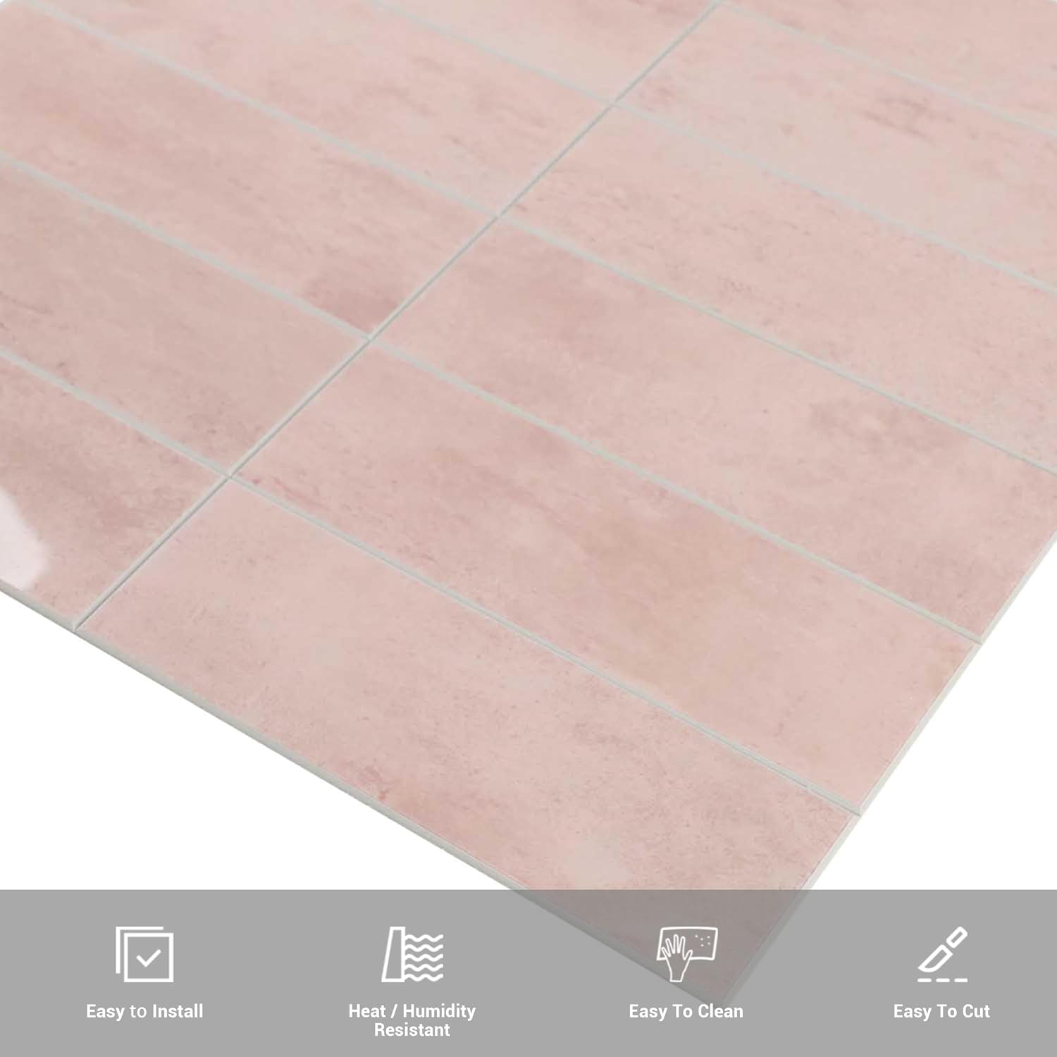 Blush Pink Peel and Stick Backsplash, 6-Sheet Spanish Handmade Glossy Wall Tiles with Marble Finish, Self Adhesive Tile for Kitchen (12" × 12", 6 sq.ft)