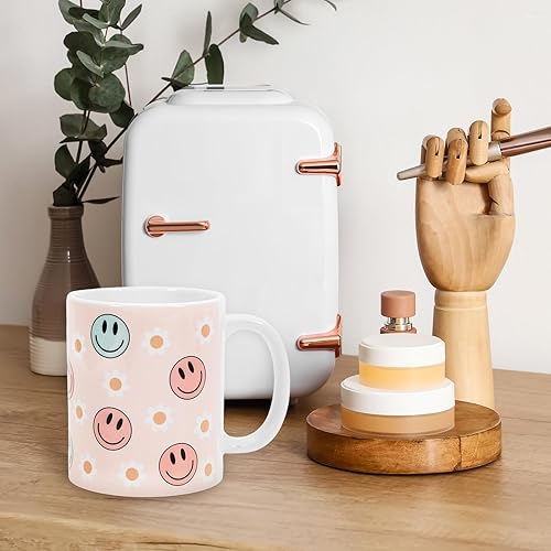 Miniatura 7 de Whaline Taza de café de cerámica de 11 oz con cara sonriente y flores, taza de té con leche impresa rosa con asa para el hogar, oficina, cocina,