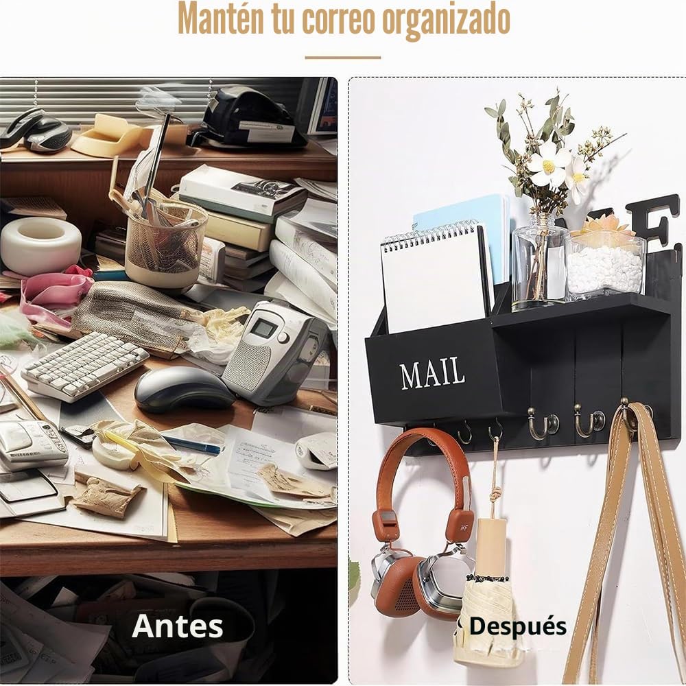 Llavero de Madera para Pared, Porta Llaves de Pared con Buzón, Organizador Llaves con 7 Ganchos para Llaves, Soporte para Llaves y Correo Para Entrada, Pasillo, Cocina, Marrón