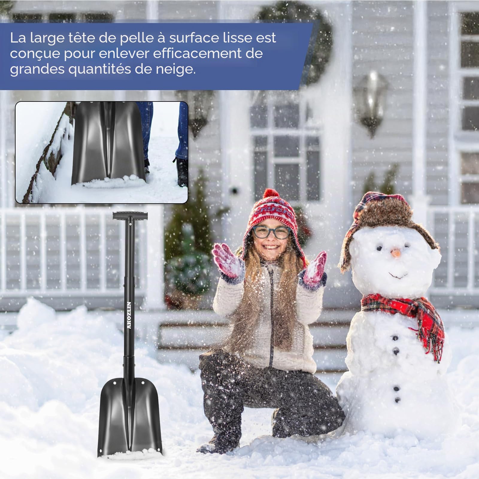 Pelle à neige télescopique d'urgence avec grattoir à glace et sac de transport pliable en aluminium de 53,8 à 82 cm, pelle d'urgence rétractable légère pour voiture, motoneige, jardin, camping
