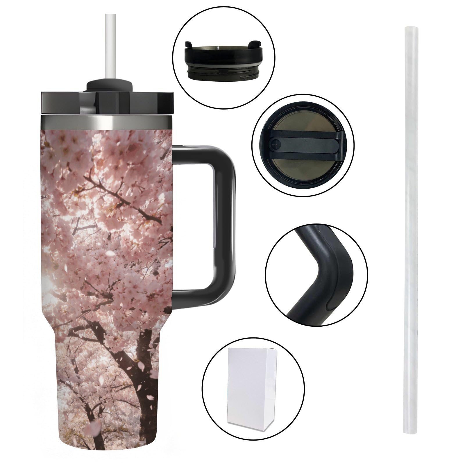 Cherry Blossoms - Vaso de café de viaje de acero inoxidable, taza de café con tapa y popote, taza con asa, gran capacidad, doble pared al vacío, taza térmica de café helado, 40 onzas