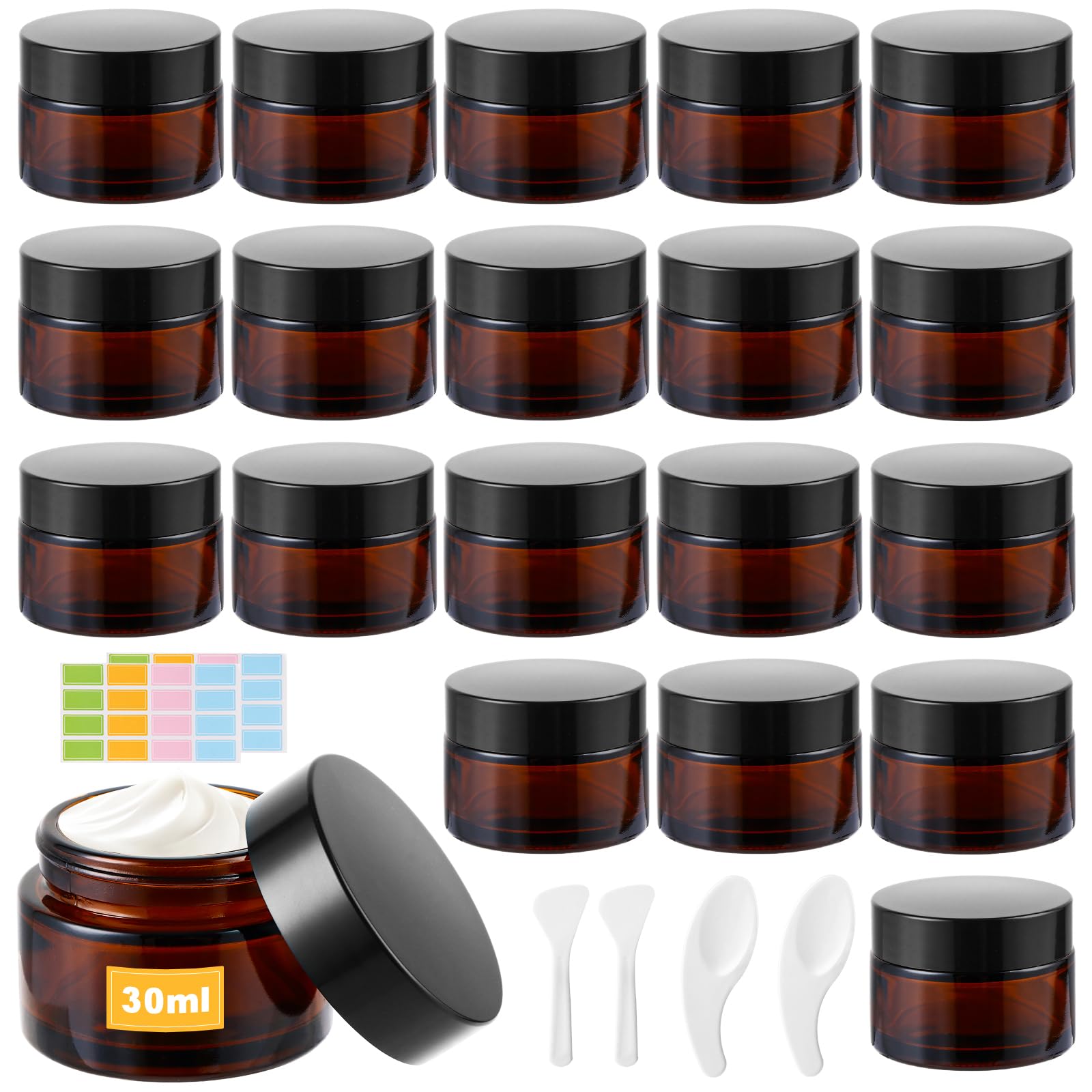 YAYODS Lot de 20 Pot en Verre Ambré 30 ml - Pot à Crème Vide avec Couvercle Hermétique et Opercule - Contenant Cosmétique Anti-UV pour Voyage et DIY Cosmétique Maison
