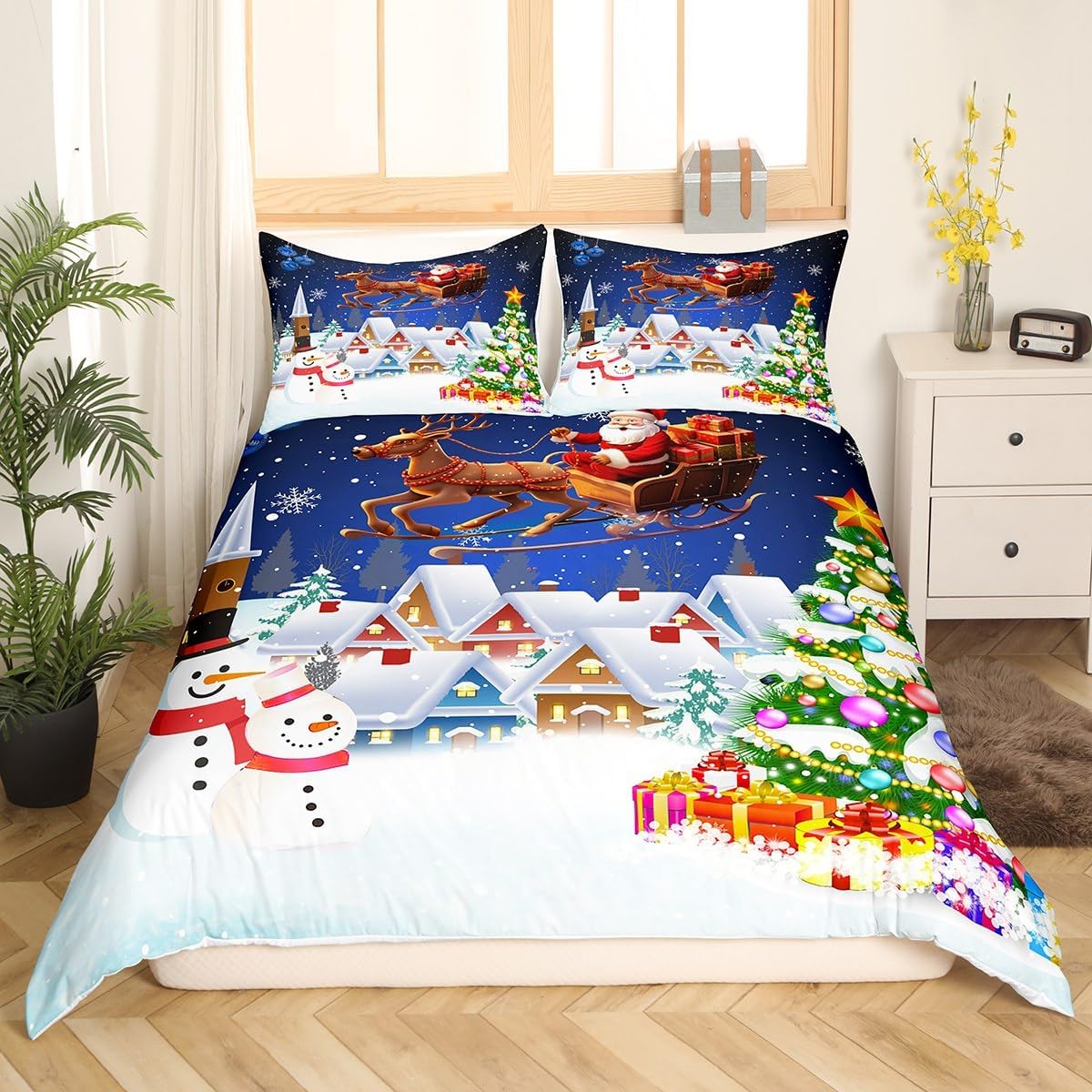 Manfei Christmas Duvet Cover Set Twin Size, Snowman Xmas Tree Print Comforter Cover Santa Claus with Reindeer Bedding Set 2pcs for Kids Girls New Year Theme Bedspread Cover,1 Pillowcase,No Comforter