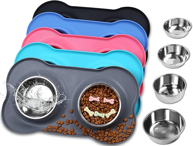 VIVAGLORY Puppy Dog Bowl Stainless Steel Water and Food Bowls with Non-Spill Skid Resistant Silicone Mat, 200ml Each, Grey