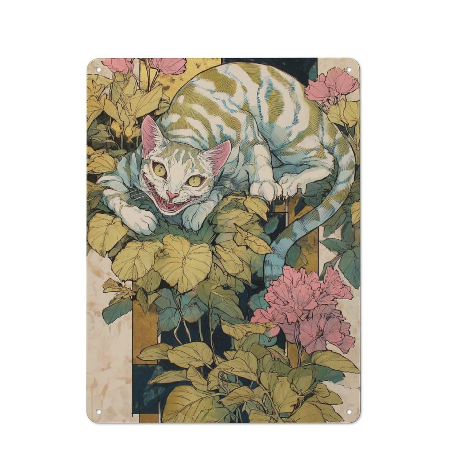Junmoney Whimsical Feline In Bloom Retro Metal Sign 40X30cm For Bar Or Restaurant, For Kitchen And Home Bar Decor, For Home Office And Studio Walls