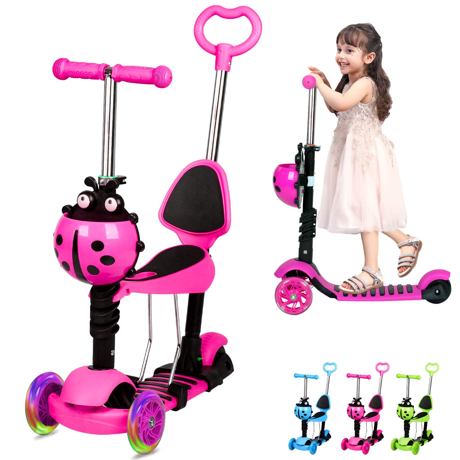 Kids Scooter, 3 Wheels Kick Scooter with LED Flashing Light, Adjustable Removable Handlebar & Seat & Push Handle for 2-8 Years Old Boys and Girls (Pink)